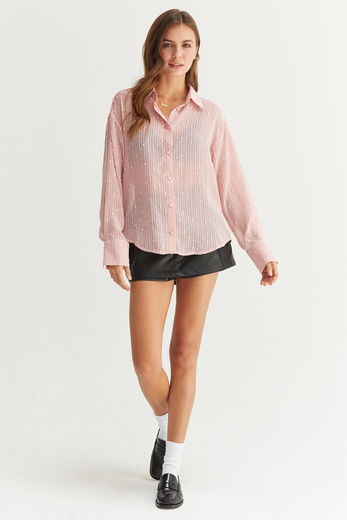 Sheer Sequin Striped Button-Up Shirt