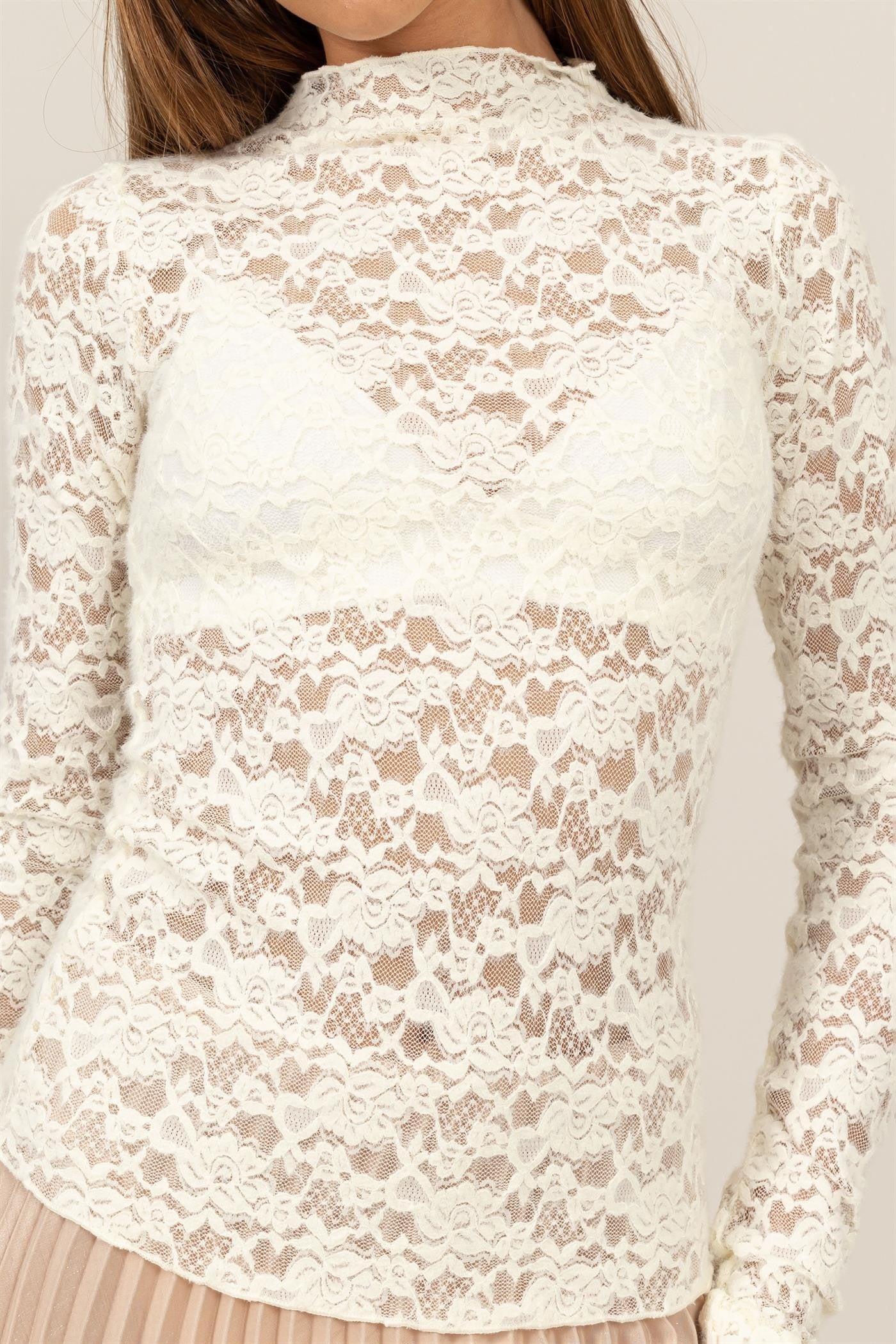 Long Sleeve Brushed Lace High Neck Top