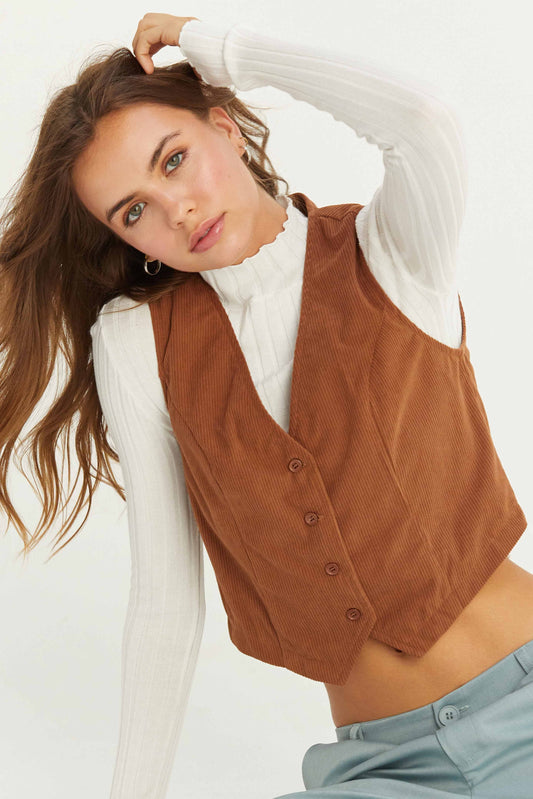 V-Neck Buttoned Corduroy Vest