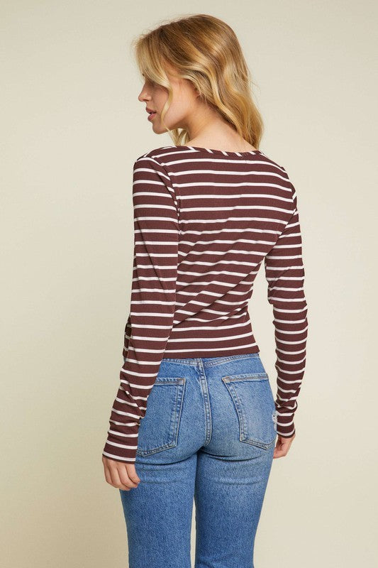 Striped Notch Square Neck Long Sleeve Knit Top