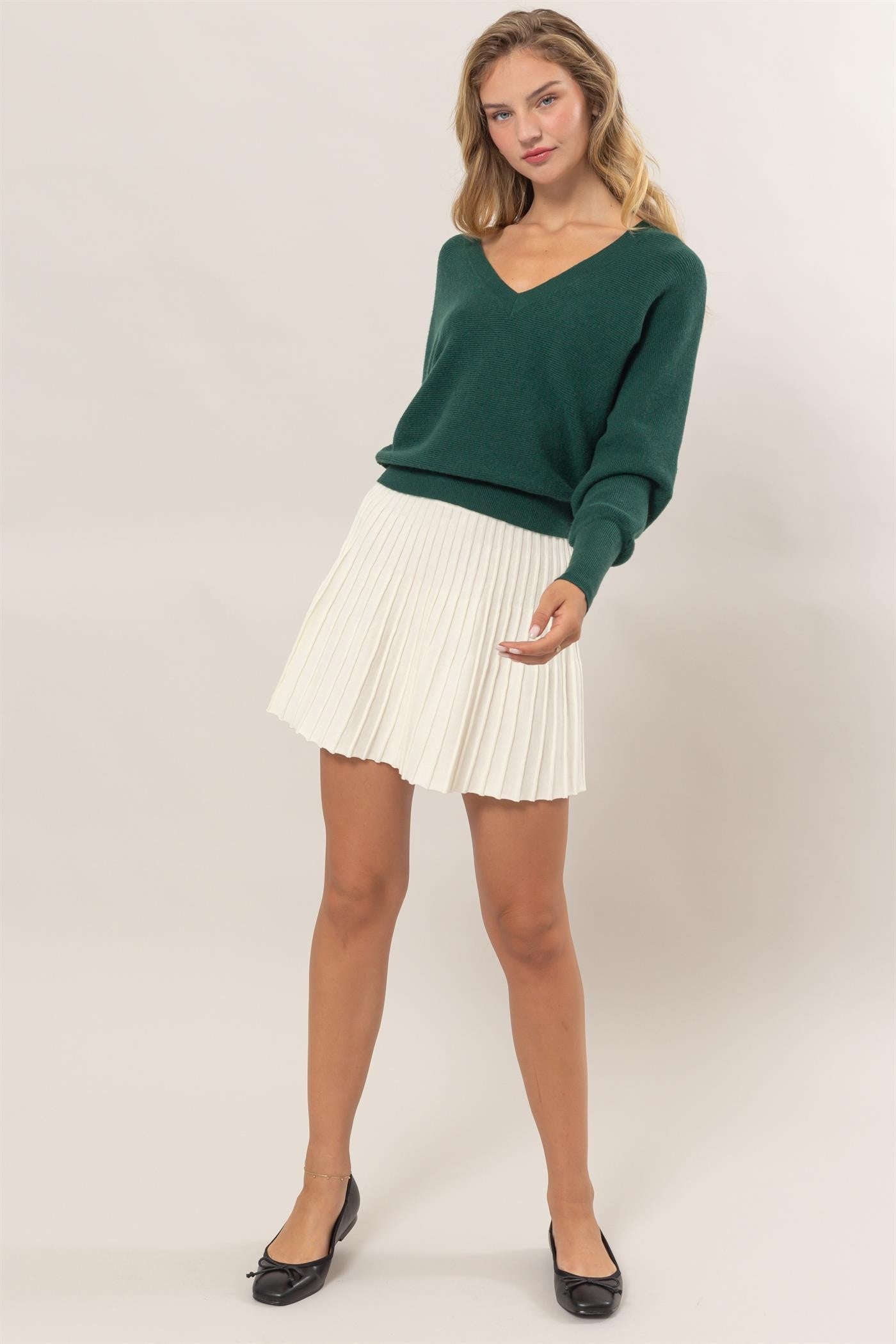 High-Waist Knit Pleated Flare Mini Skirt