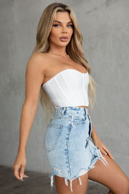 Mid Rise Denim Straight Mini Skirt