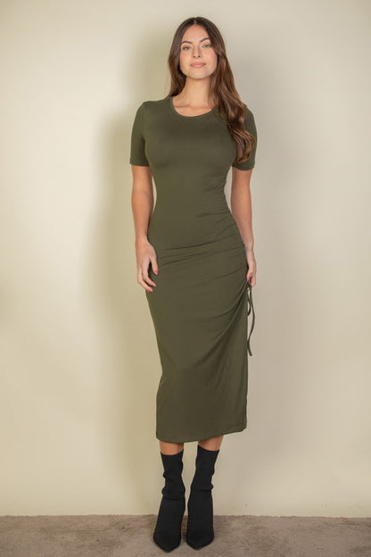 Drawstring Side Split Hem Midi Dress