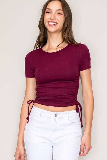 Ruched Side Tie Crew Neck Short Sleeve Knit Top