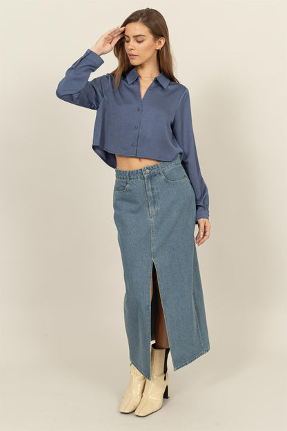 Mid-Length Washed Denim Skirt