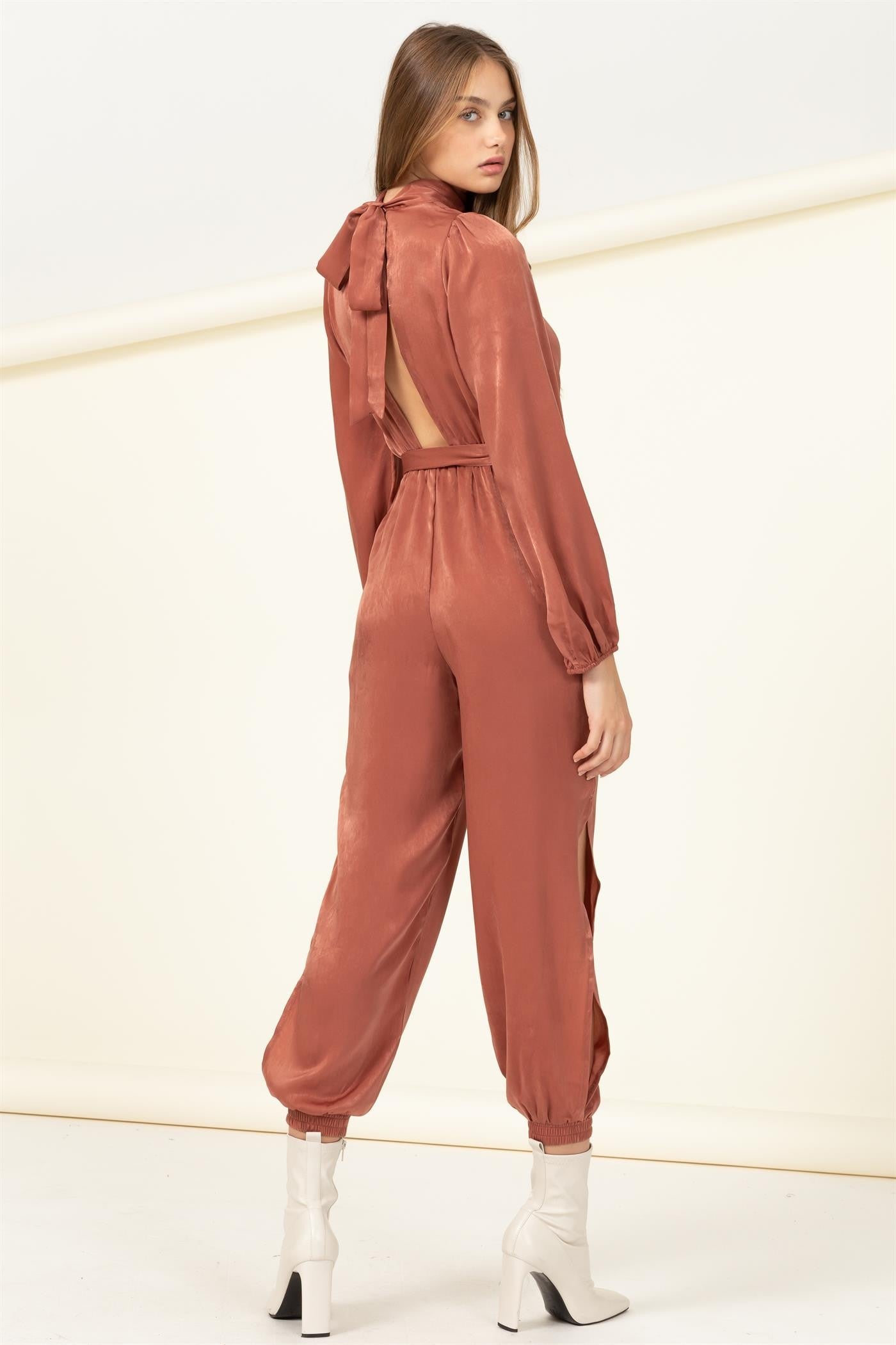 Silky Long Sleeve Jumpsuit with Open Back