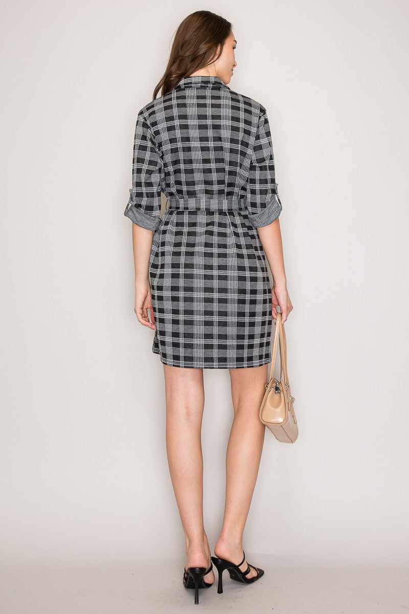 Checker Plaid Tie Waist 3/4 Sleeves Shirt Dress