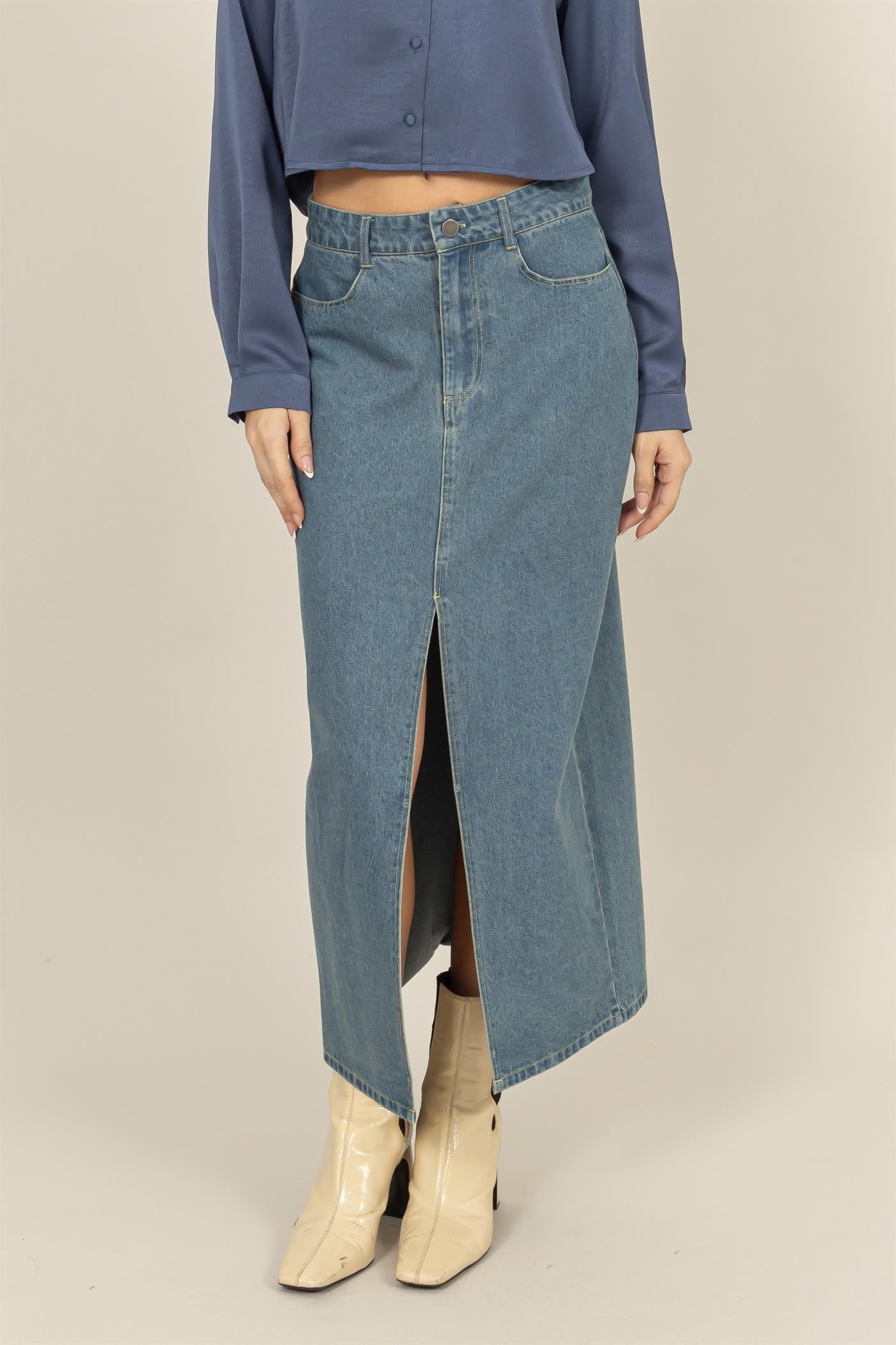 Mid-Length Washed Denim Skirt