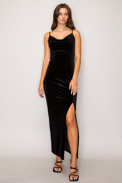 Cowl Neck Cami High Slit Velvet Maxi Dress