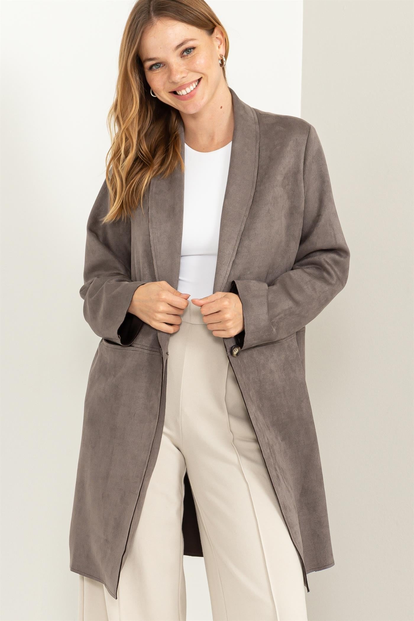 Single Button Faux Suede Coat