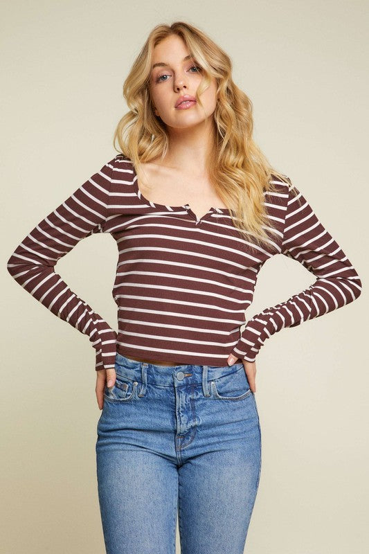 Striped Notch Square Neck Long Sleeve Knit Top