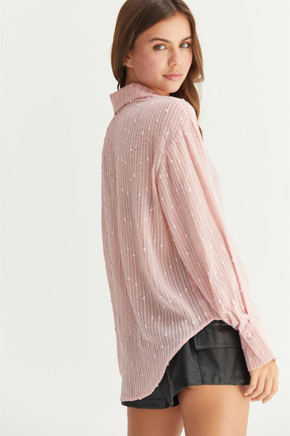 Sheer Sequin Striped Button-Up Shirt