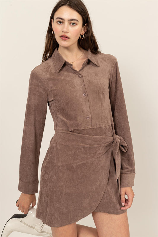 Suede Wrap Tie Front Dress