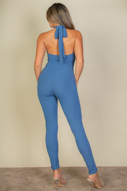 V Neck Ribbed Bodycon Jumpsuit