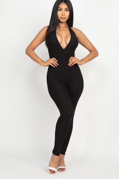 V Neck Ribbed Bodycon Jumpsuit