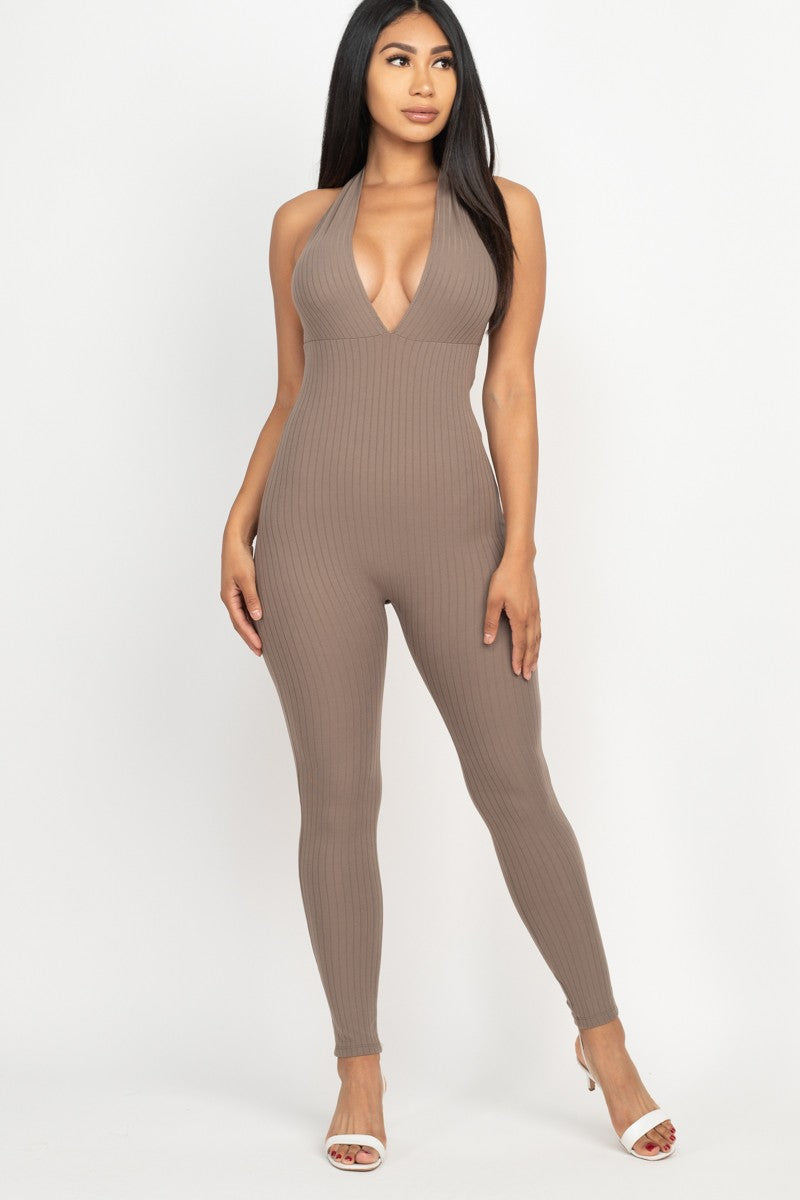 V Neck Ribbed Bodycon Jumpsuit