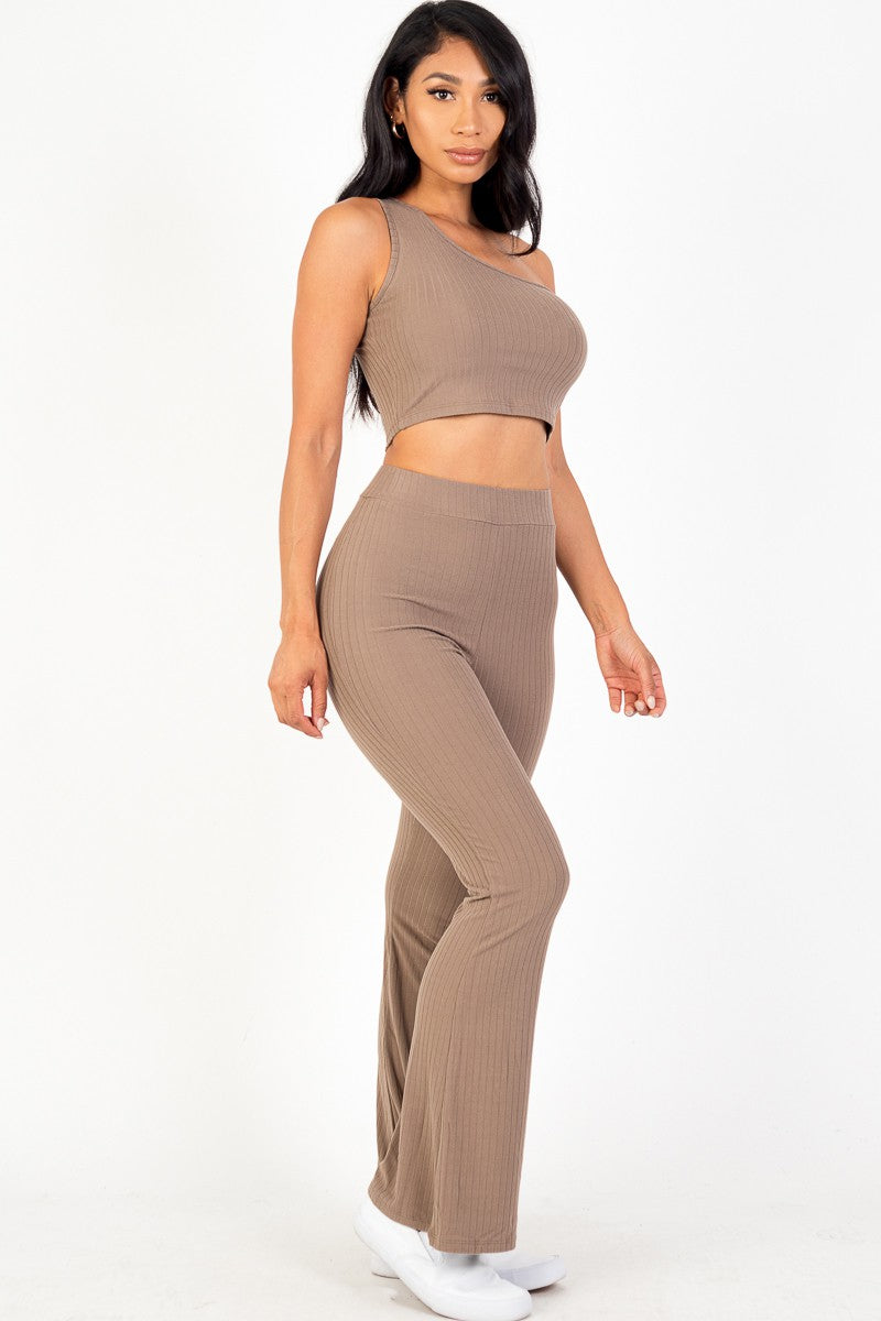 Ribbed One Shoulder Crop & Flared Pants Set