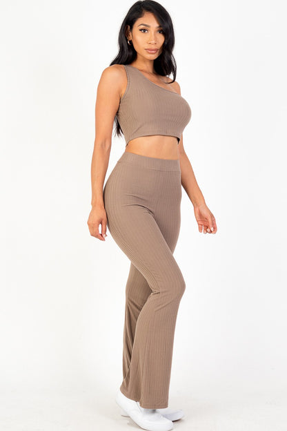 Ribbed One Shoulder Crop & Flared Pants Set