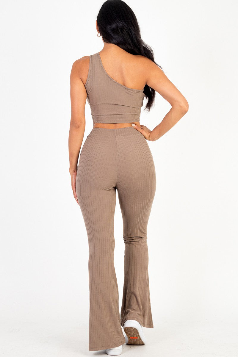 Ribbed One Shoulder Crop & Flared Pants Set