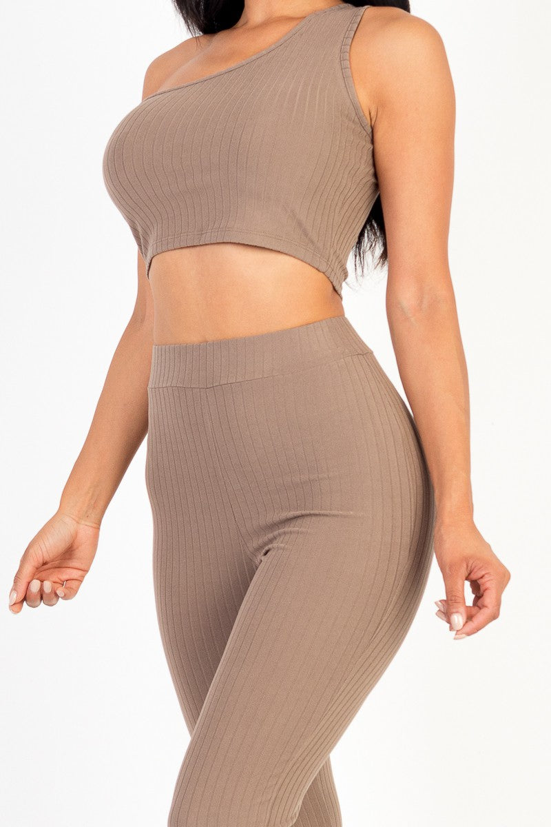 Ribbed One Shoulder Crop & Flared Pants Set