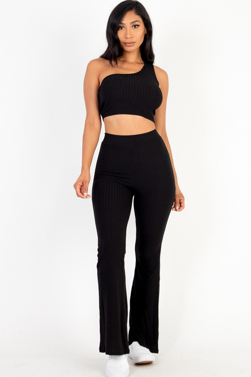 Ribbed One Shoulder Crop & Flared Pants Set