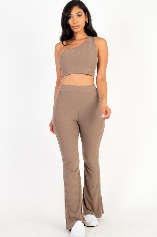 Ribbed One Shoulder Crop & Flared Pants Set