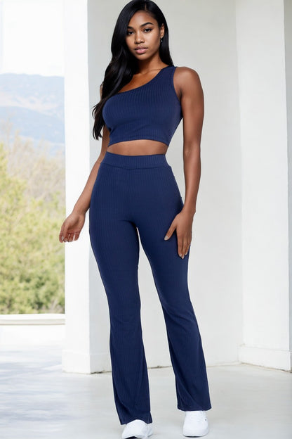 Ribbed One Shoulder Crop & Flared Pants Set