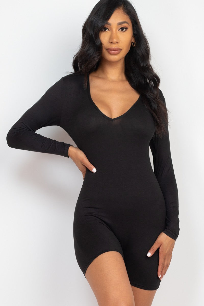 V-Neck Long Sleeve Bodycon Romper