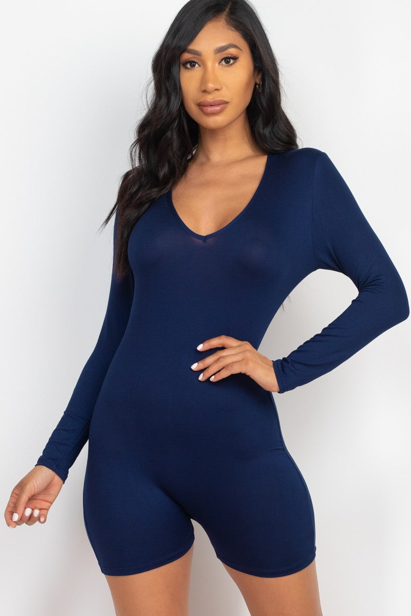 V-Neck Long Sleeve Bodycon Romper